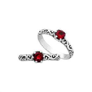 Bulk sterling silver filigree rings with round red Garnet Quartz, handcrafted Balinese design, 925 silver wholesale jewelry supply.