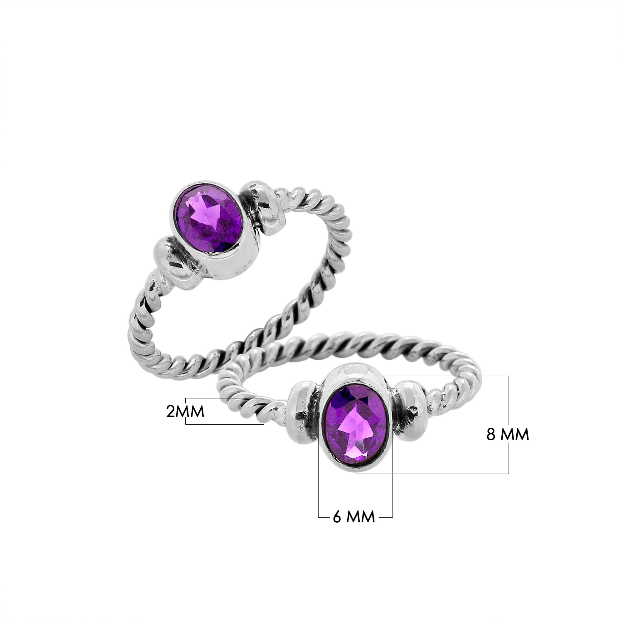 Bulk sterling silver twisted band rings with oval faceted Amethyst Quartz, handcrafted 925 silver wholesale jewelry supply.