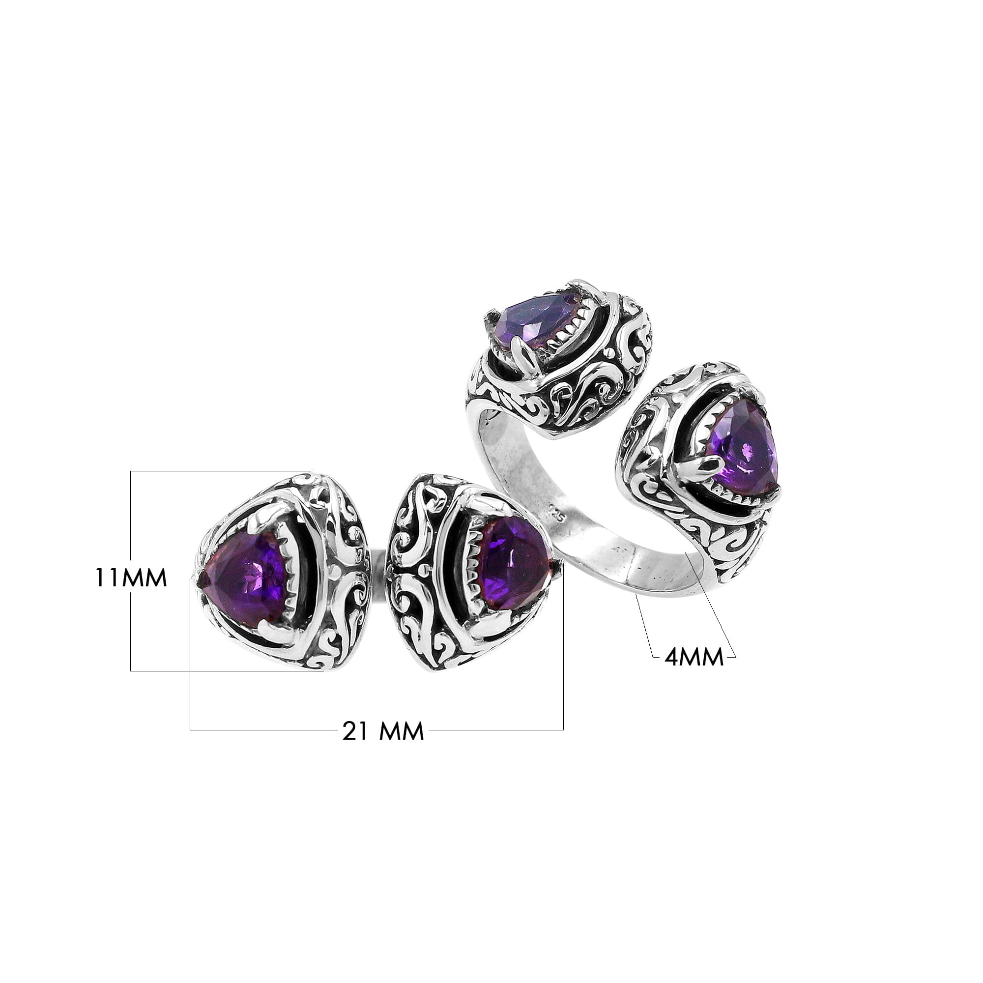 Wholesale sterling silver Bali design ring with trillion-cut Amethyst Quartz– handcrafted artisan wholesale jewelry.
