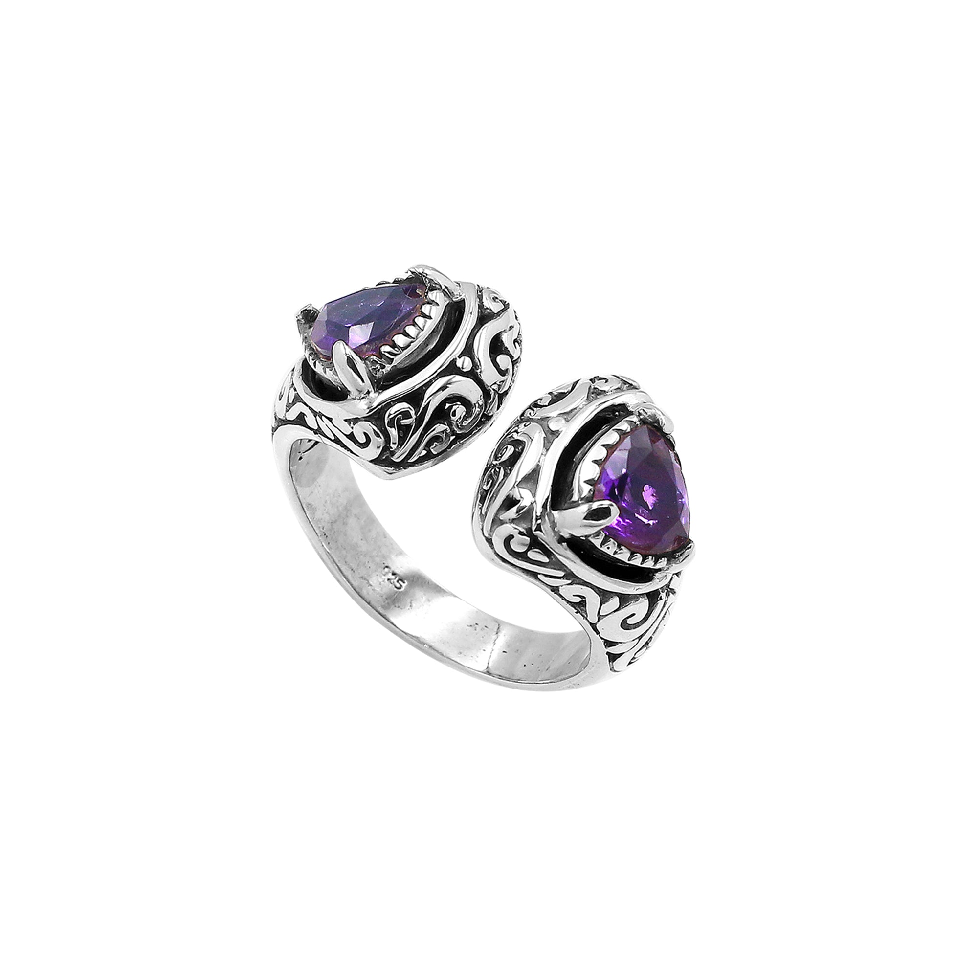Wholesale sterling silver Bali design ring with trillion-cut Amethyst Quartz– handcrafted artisan wholesale jewelry.