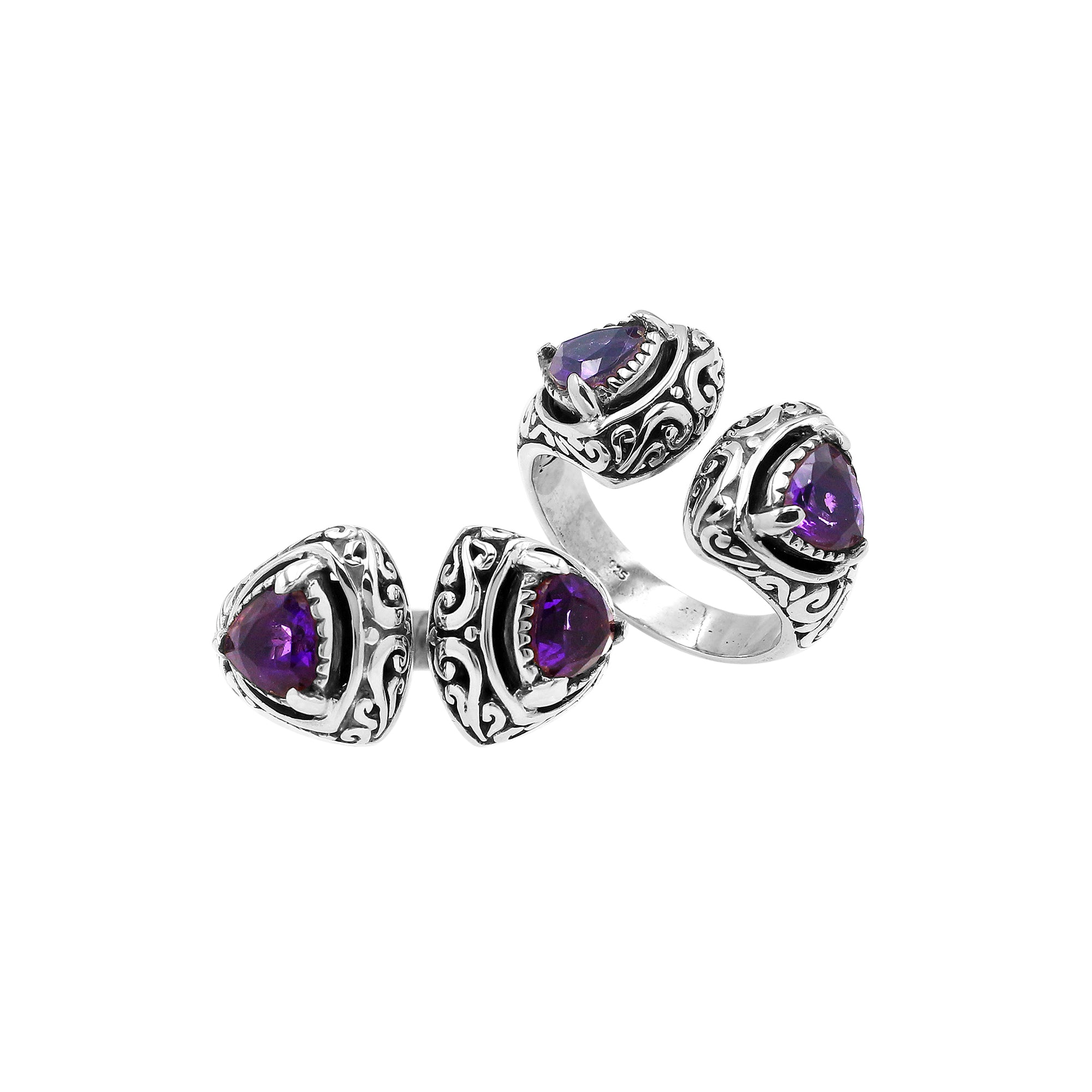 Wholesale sterling silver Bali design ring with trillion-cut Amethyst Quartz– handcrafted artisan wholesale jewelry.