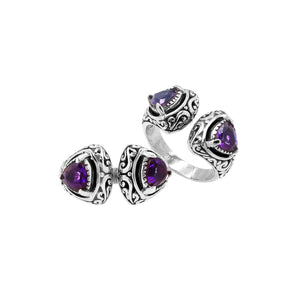 Wholesale sterling silver Bali design ring with trillion-cut Amethyst Quartz– handcrafted artisan wholesale jewelry.