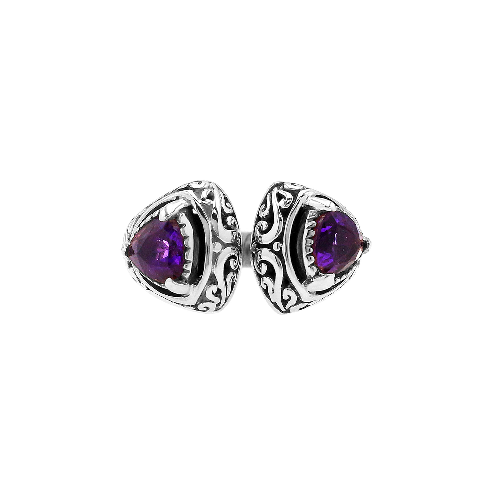 Wholesale sterling silver Bali design ring with trillion-cut Amethyst Quartz– handcrafted artisan wholesale jewelry.