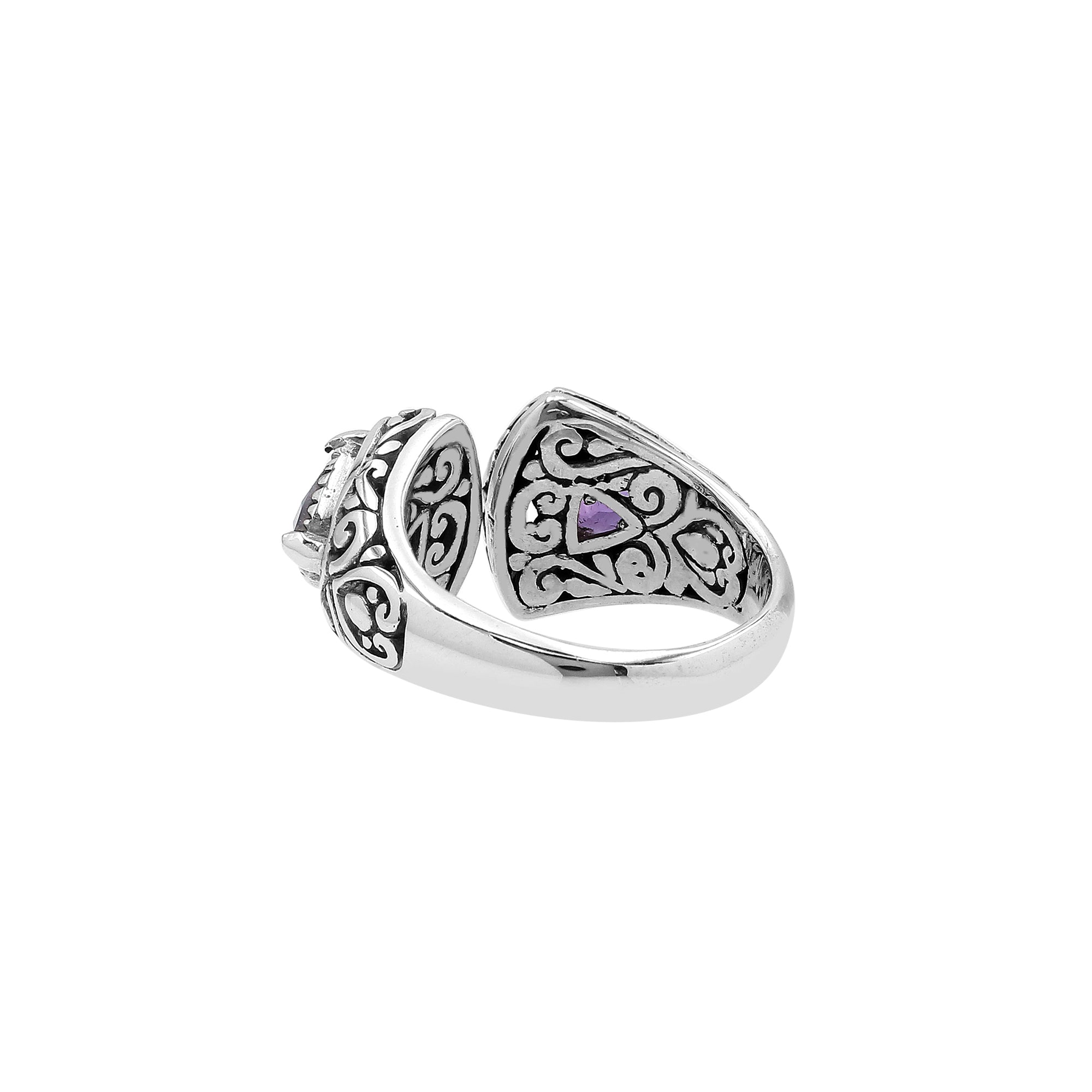 Wholesale sterling silver Bali design ring with trillion-cut Amethyst Quartz– handcrafted artisan wholesale jewelry.