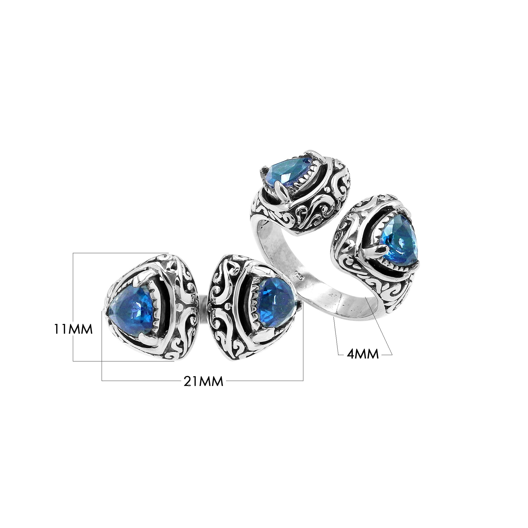 Wholesale sterling silver Bali design ring with trillion-cut Blue Topaz Quartz– handcrafted artisan wholesale jewelry.