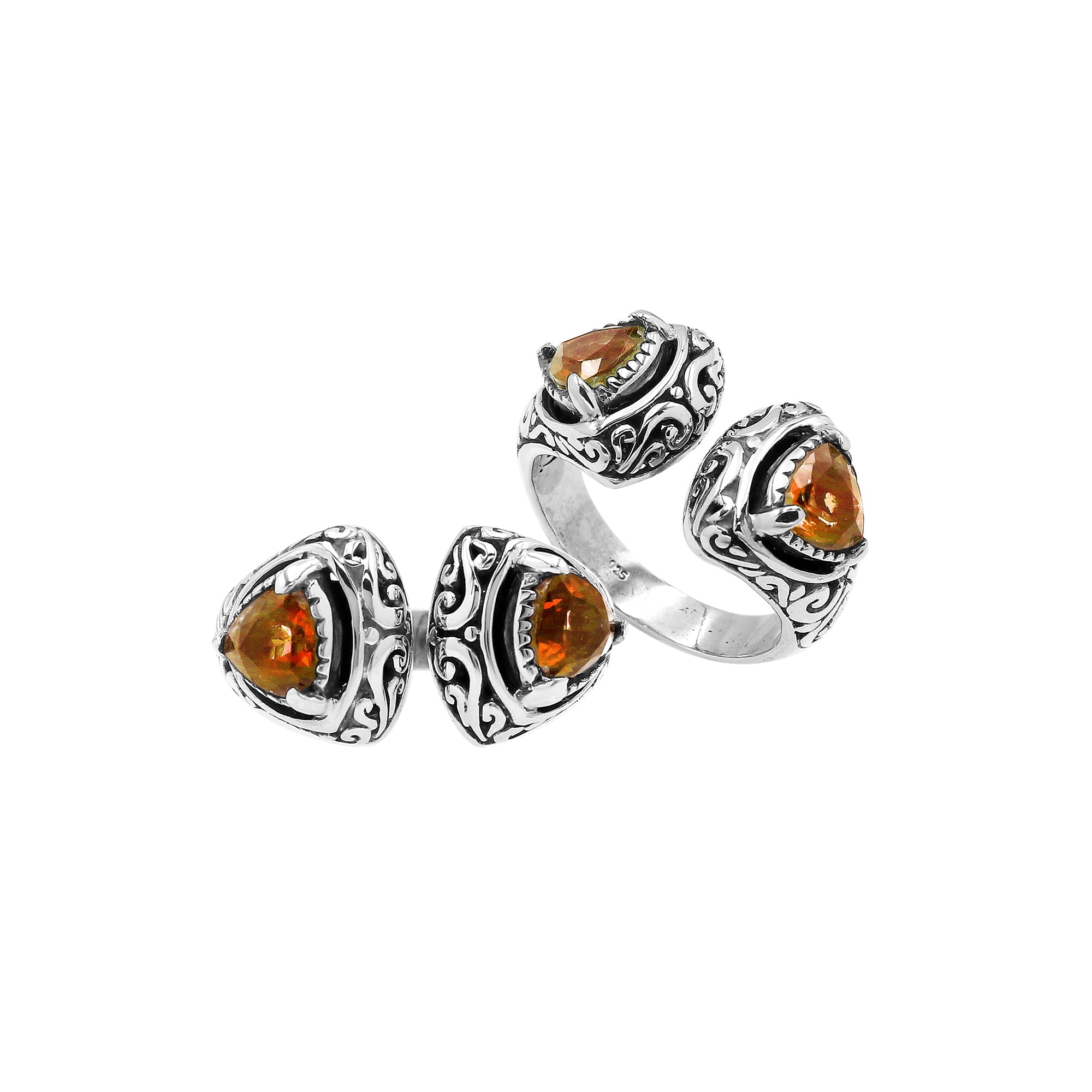 Wholesale sterling silver Bali design ring with trillion-cut Citrine Quartz– handcrafted artisan wholesale jewelry.