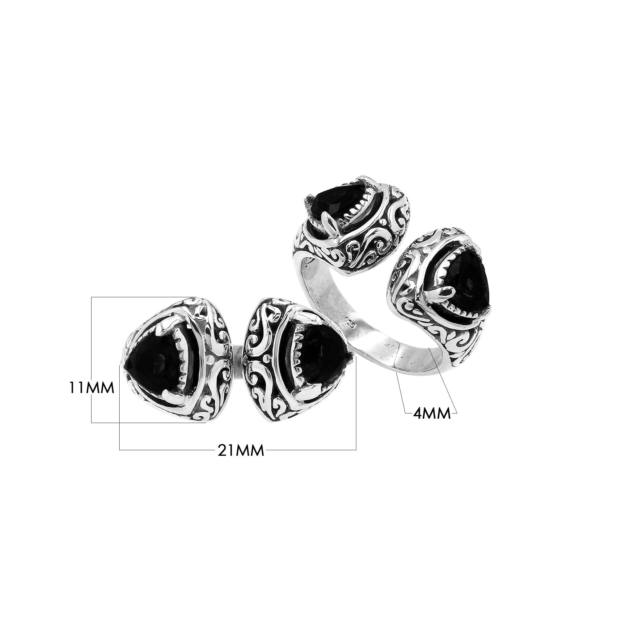 Wholesale sterling silver Bali design ring with trillion-cut Black Onyx Gemstone – handcrafted artisan wholesale jewelry.