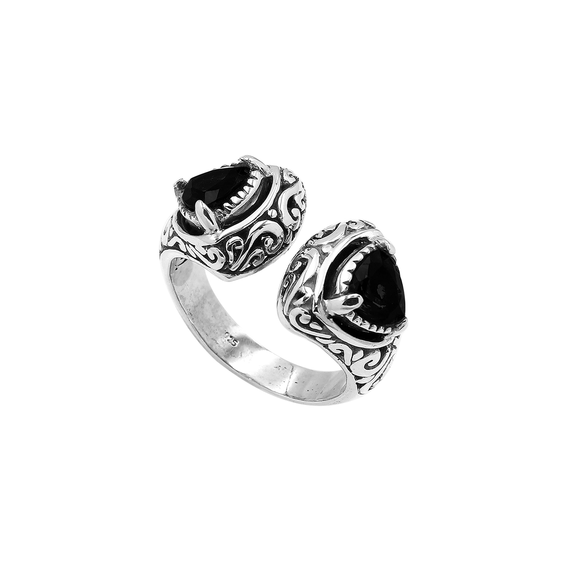 Wholesale sterling silver Bali design ring with trillion-cut Black Onyx Gemstone – handcrafted artisan wholesale jewelry.