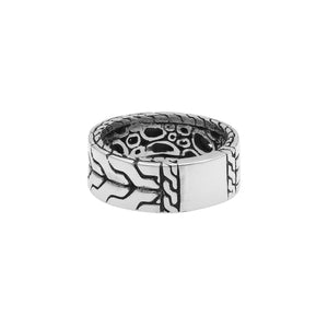 Wholesale sterling silver wide band ring with bold geometric pattern and oxidized detailing – unisex artisan wholesale jewelry.