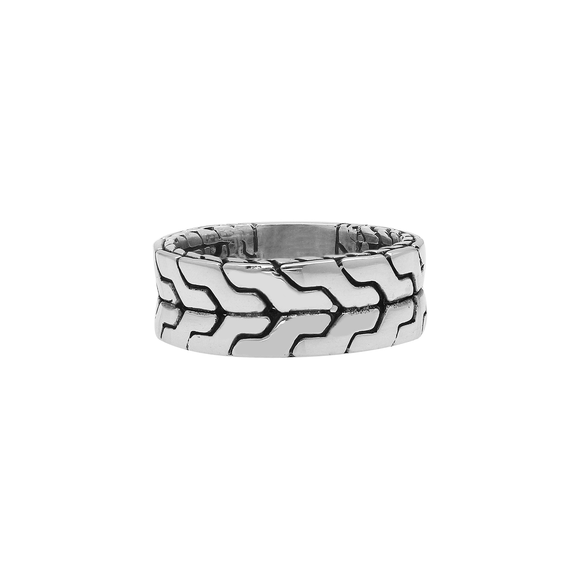 Wholesale sterling silver wide band ring with bold geometric pattern and oxidized detailing – unisex artisan wholesale jewelry.