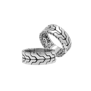 Wholesale sterling silver wide band ring with bold geometric pattern and oxidized detailing – unisex artisan wholesale jewelry.