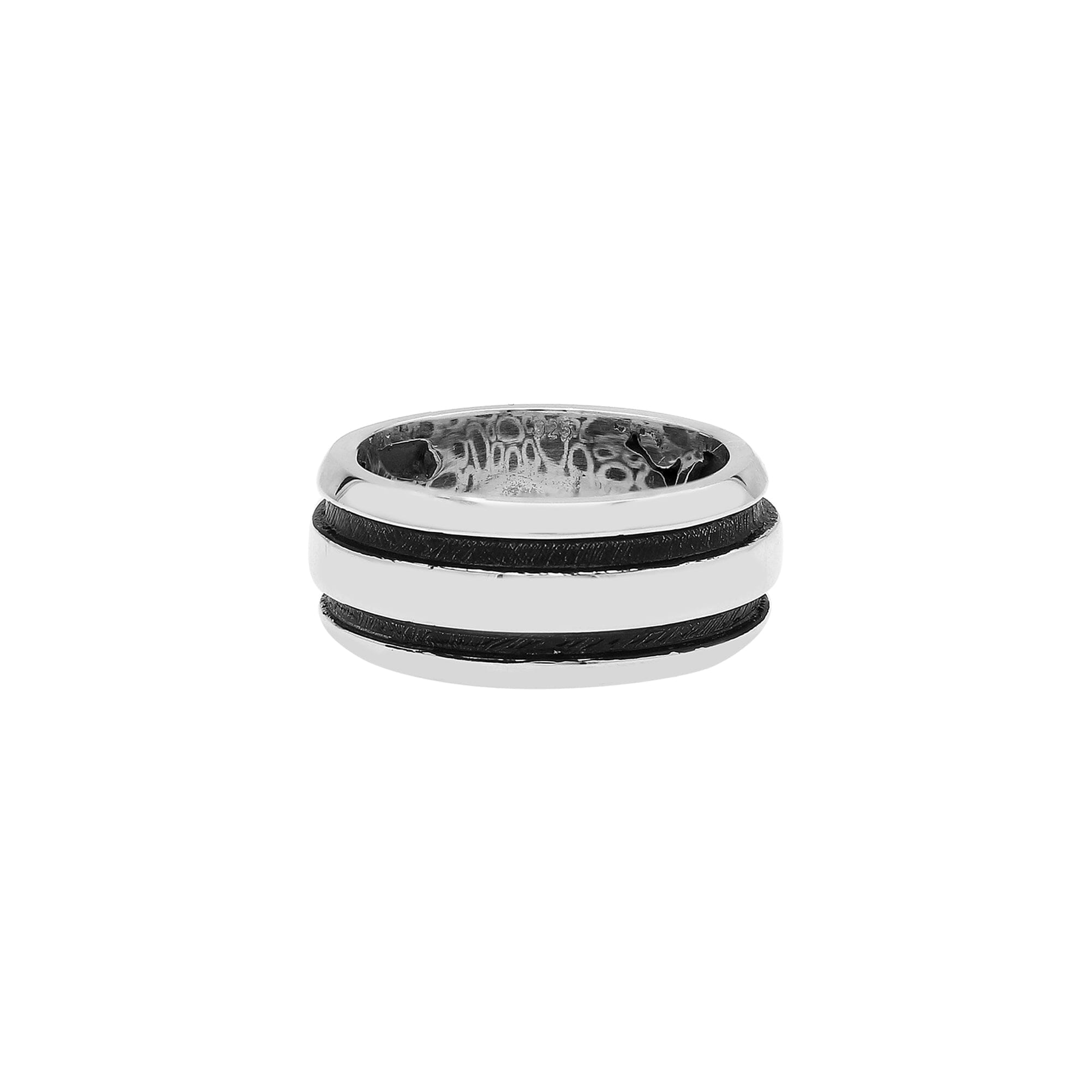 Wholesale sterling silver wide band ring with double black oxidized stripes – unisex artisan wholesale jewelry.