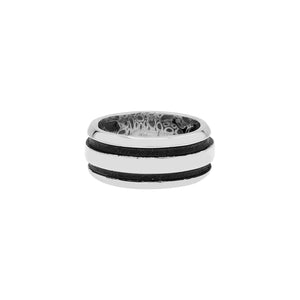 Wholesale sterling silver wide band ring with double black oxidized stripes – unisex artisan wholesale jewelry.