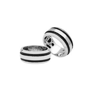 Wholesale sterling silver wide band ring with double black oxidized stripes – unisex artisan wholesale jewelry.