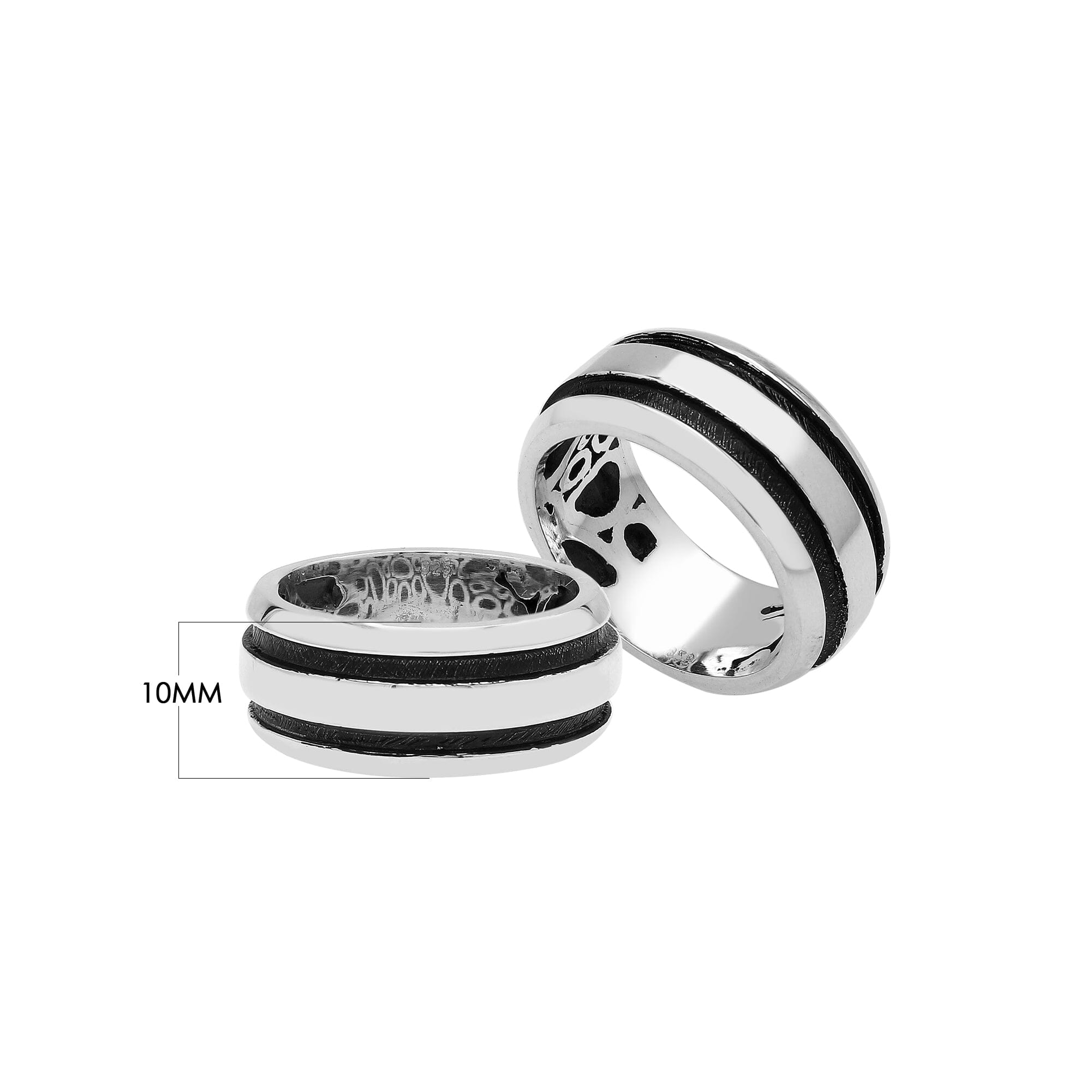 Wholesale sterling silver wide band ring with double black oxidized stripes – unisex artisan wholesale jewelry.