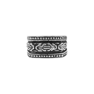 Wholesale sterling silver Bali wide band ring with oxidized finish and intricate artisan carving design, bulk handcrafted silver jewelry for resellers.