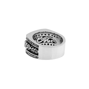 Wholesale sterling silver Bali wide band ring with oxidized finish and intricate artisan carving design, bulk handcrafted silver jewelry for resellers.