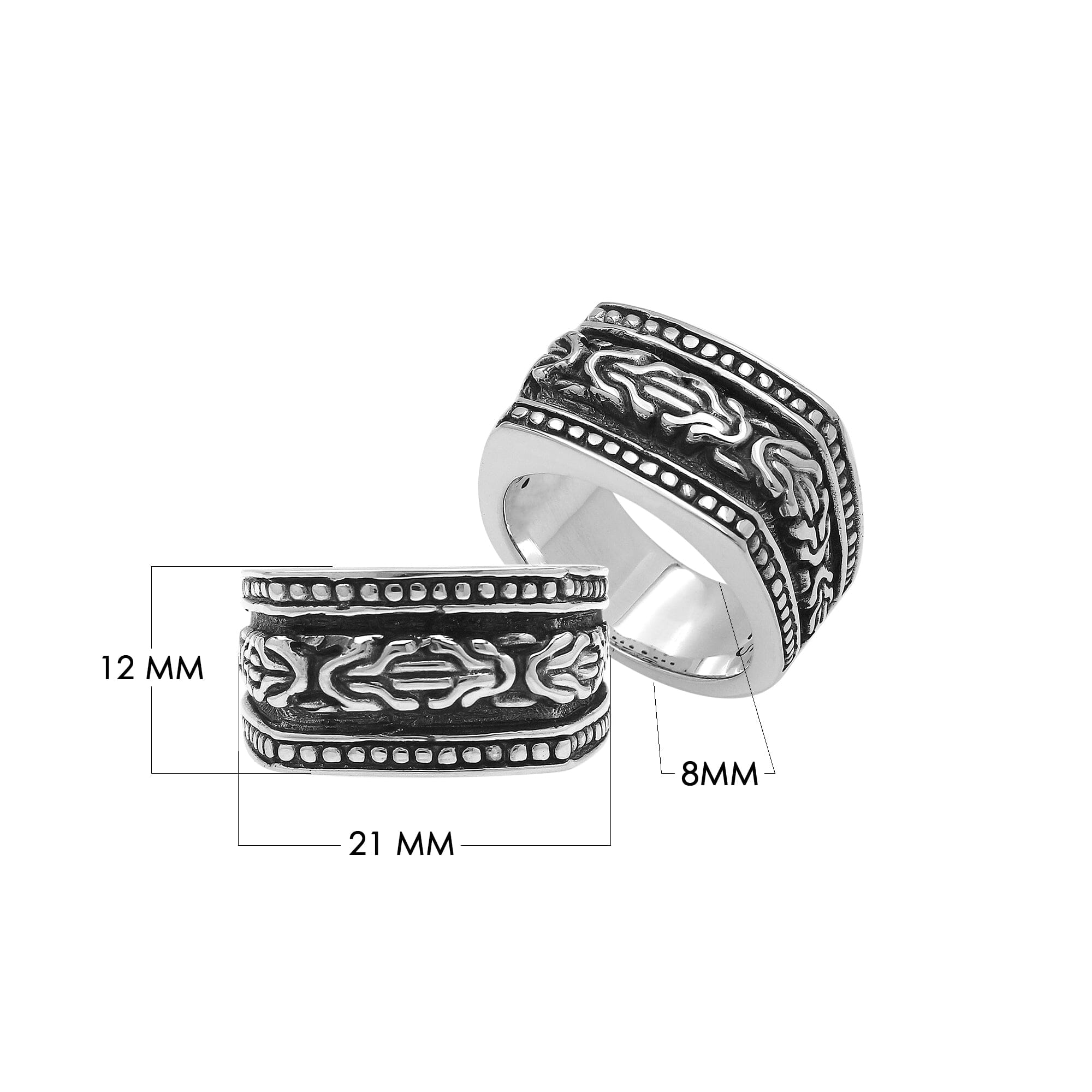 Wholesale sterling silver Bali wide band ring with oxidized finish and intricate artisan carving design, bulk handcrafted silver jewelry for resellers.