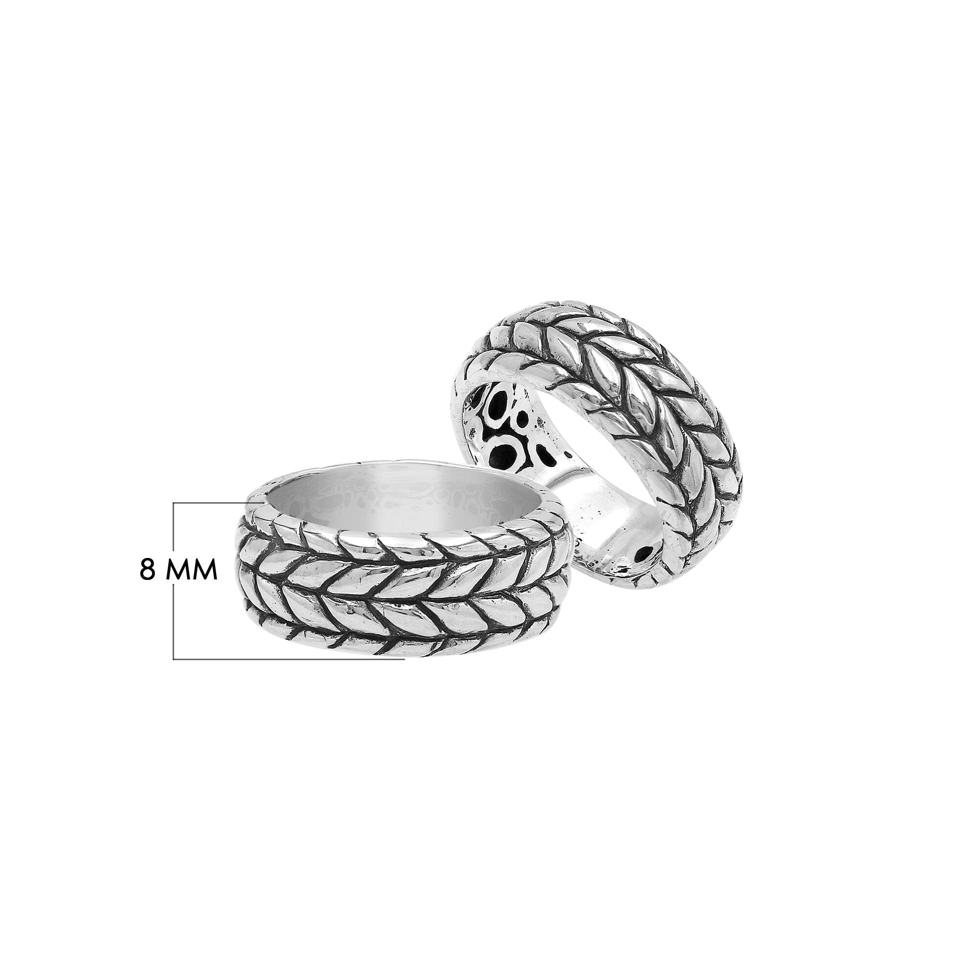 Wholesale sterling silver woven leaf band ring with oxidized Bali-inspired design, handcrafted artisan silver jewelry in bulk for retailers and resellers.