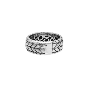 Wholesale sterling silver woven leaf band ring with oxidized Bali-inspired design, handcrafted artisan silver jewelry in bulk for retailers and resellers.