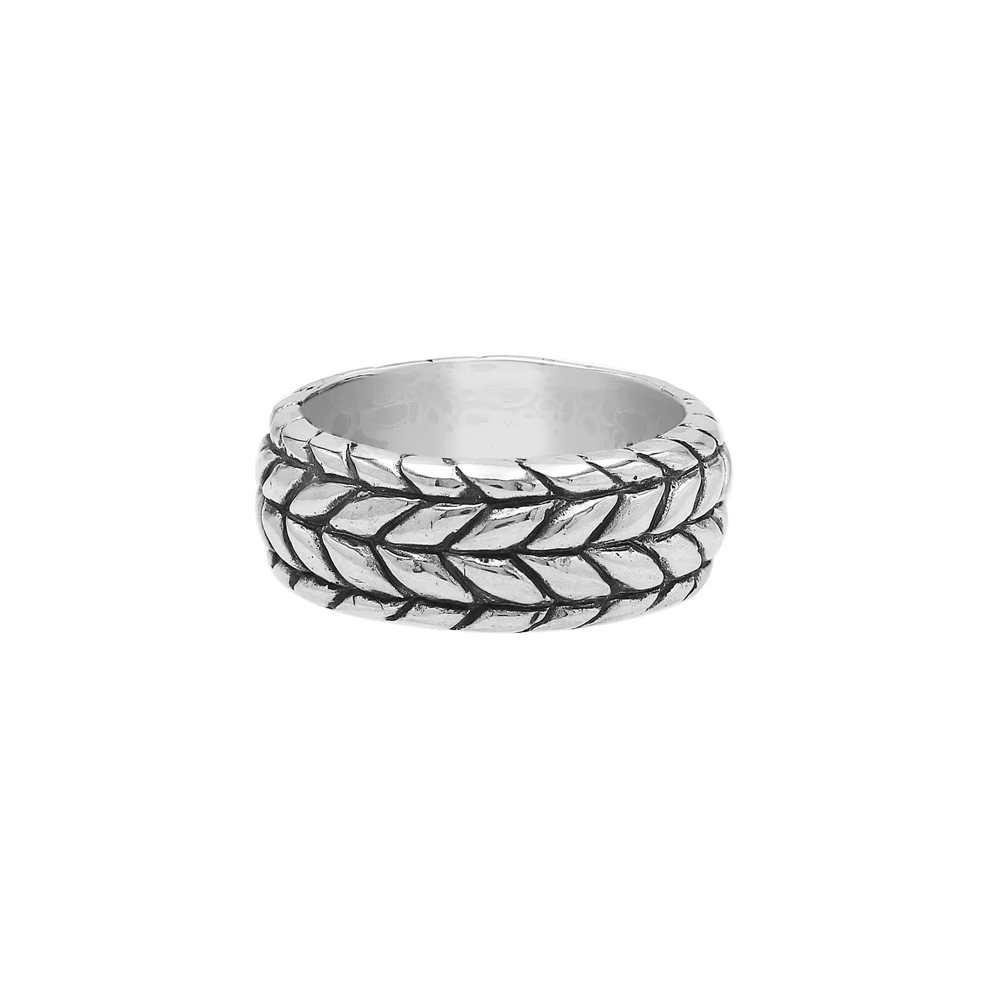 Wholesale sterling silver woven leaf band ring with oxidized Bali-inspired design, handcrafted artisan silver jewelry in bulk for retailers and resellers.