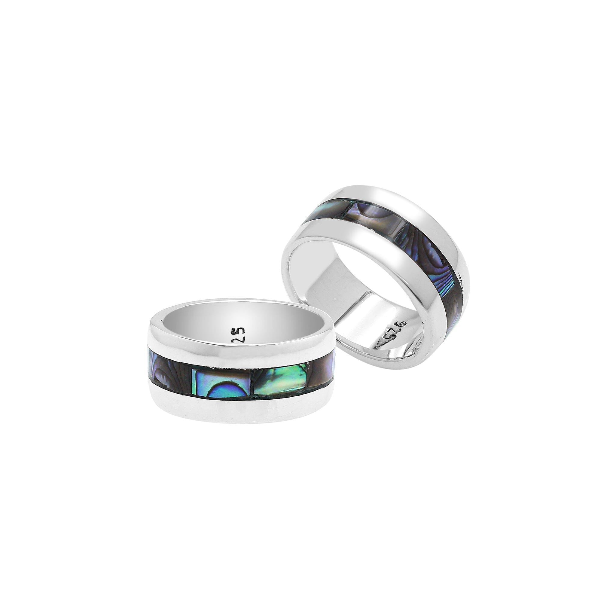 Wholesale sterling silver wide band ring with iridescent Abalone Shell inlay, handcrafted unisex jewelry in bulk for retailers and resellers.