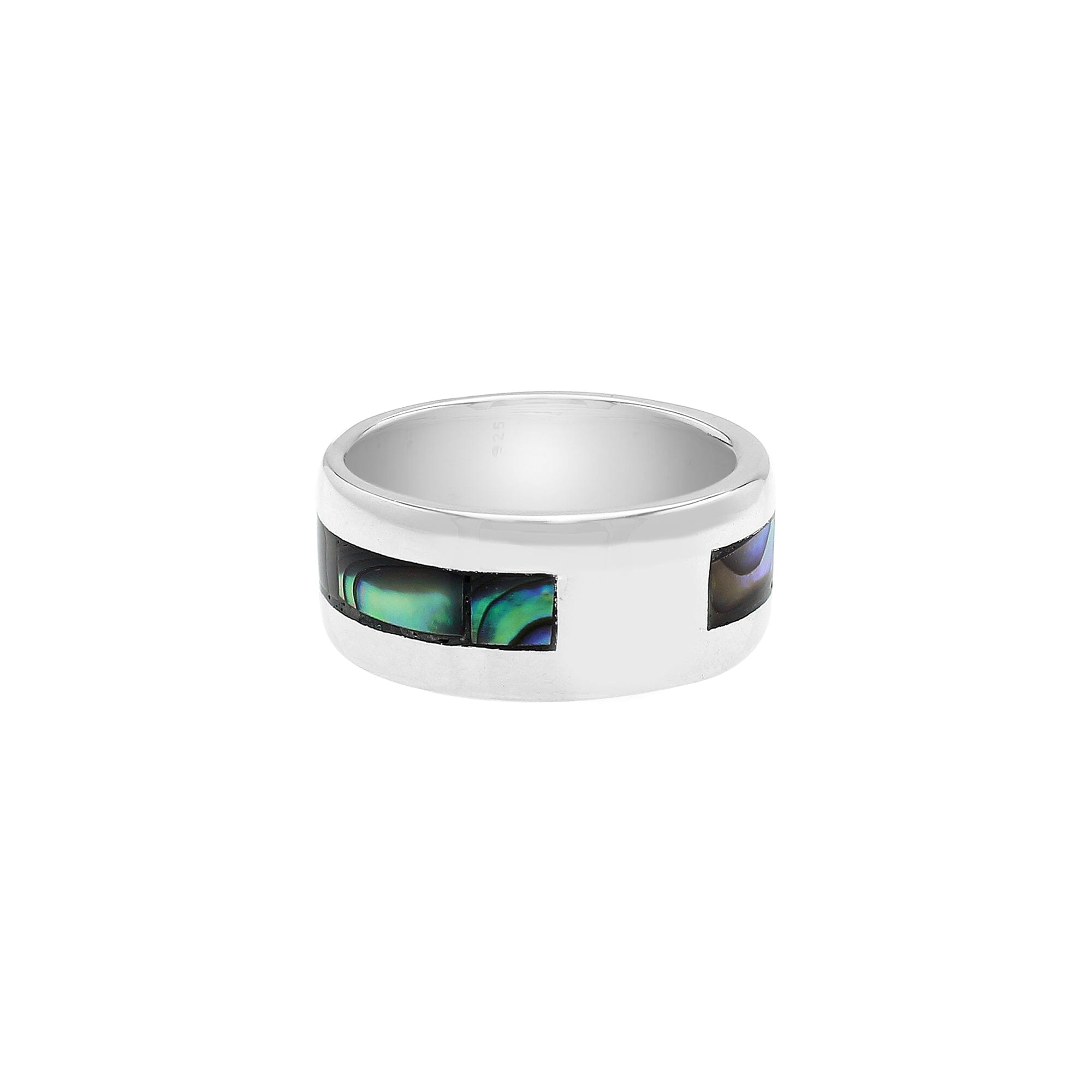 Wholesale sterling silver wide band ring with iridescent Abalone Shell inlay, handcrafted unisex jewelry in bulk for retailers and resellers.