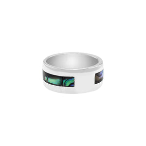 Wholesale sterling silver wide band ring with iridescent Abalone Shell inlay, handcrafted unisex jewelry in bulk for retailers and resellers.