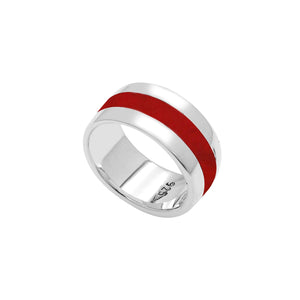 Wholesale sterling silver wide band ring with vibrant Red Coral inlay, handcrafted unisex Shell jewelry in bulk for retailers and resellers.