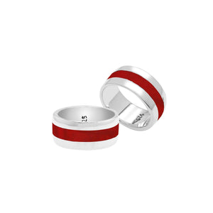 Wholesale sterling silver wide band ring with vibrant Red Coral inlay, handcrafted unisex Shell jewelry in bulk for retailers and resellers.