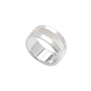 Wholesale sterling silver wide band ring with luminous Mother of Pearl inlay, handcrafted unisex jewelry in bulk for retailers and resellers.