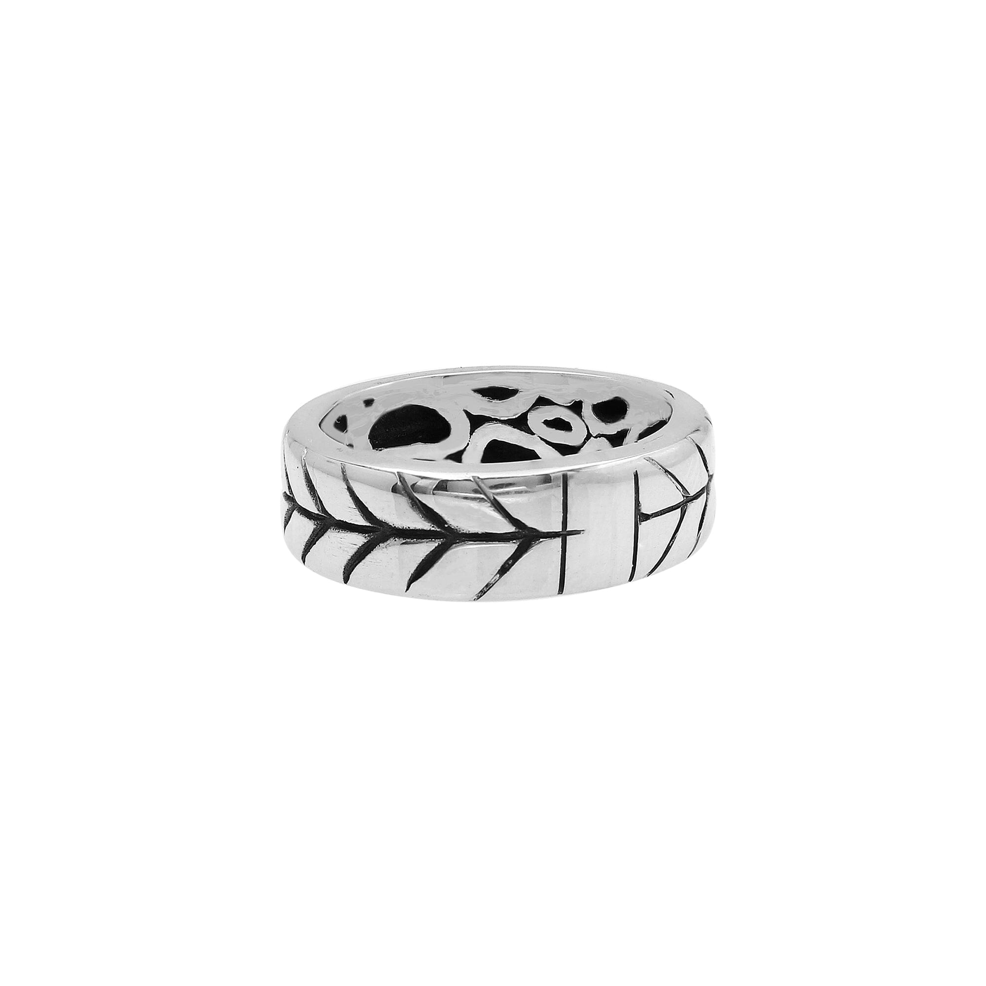 Wholesale sterling silver band ring with detailed leaf pattern and oxidized accents, handcrafted unisex jewelry in bulk for retailers and resellers.