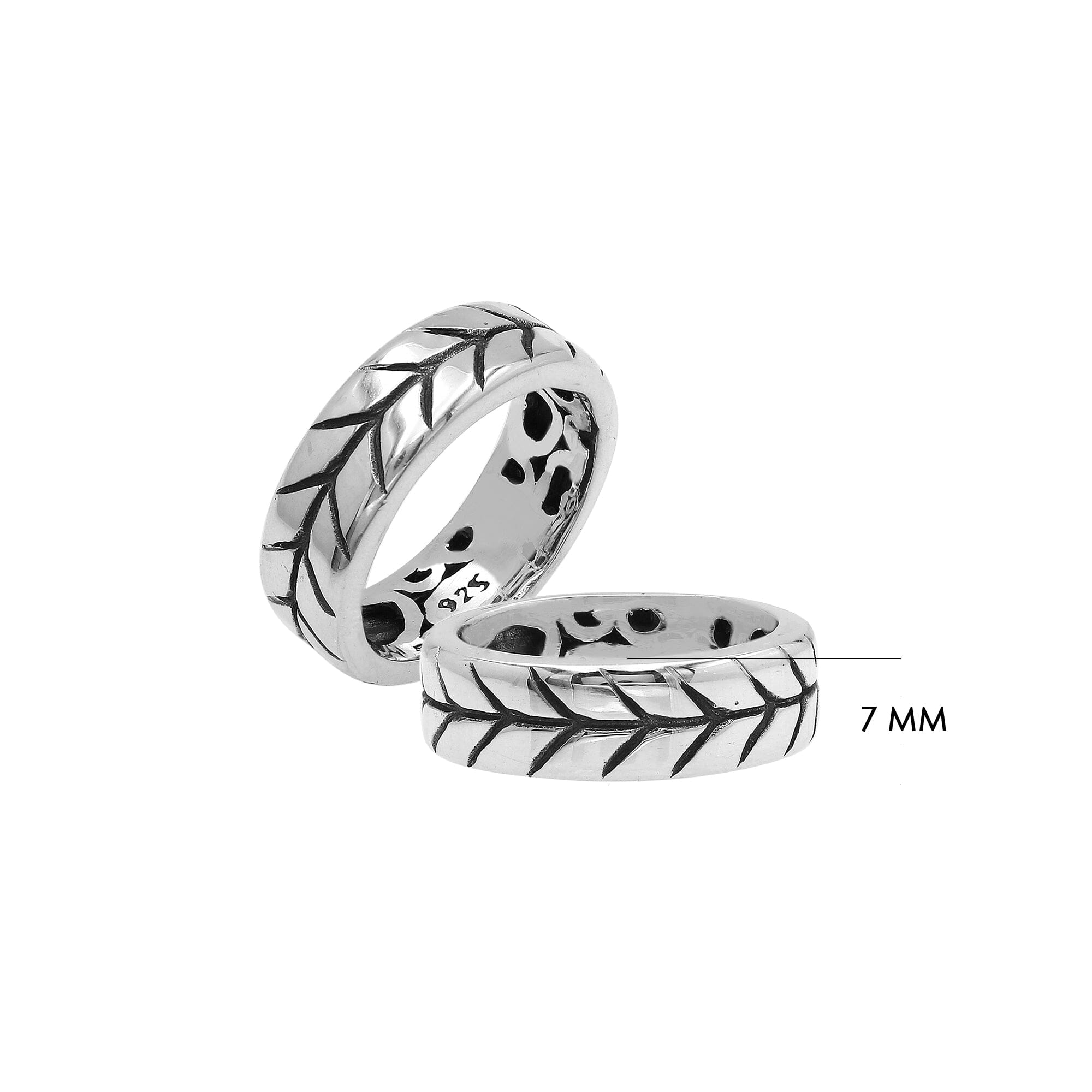 Wholesale sterling silver band ring with detailed leaf pattern and oxidized accents, handcrafted unisex jewelry in bulk for retailers and resellers.