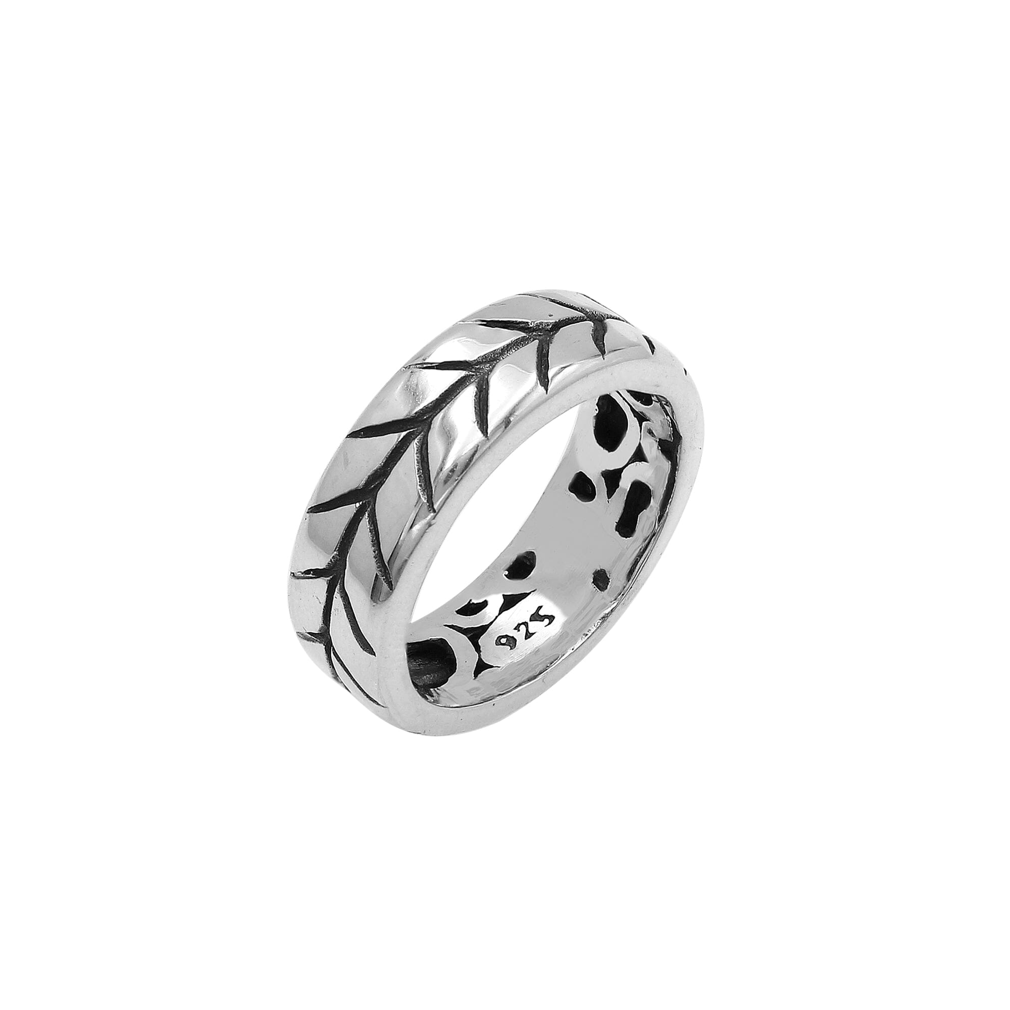 Wholesale sterling silver band ring with detailed leaf pattern and oxidized accents, handcrafted unisex jewelry in bulk for retailers and resellers.