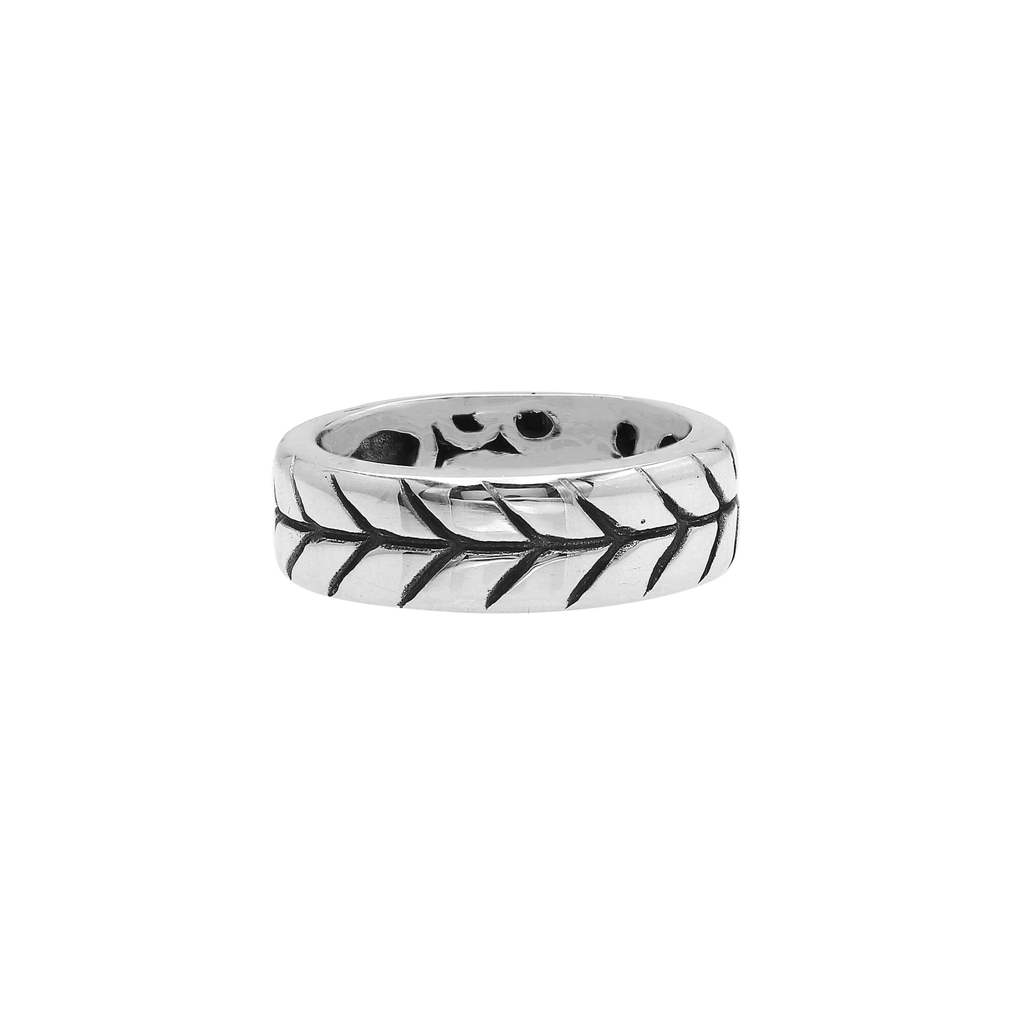 Wholesale sterling silver band ring with detailed leaf pattern and oxidized accents, handcrafted unisex jewelry in bulk for retailers and resellers.