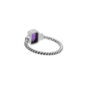 Wholesale sterling silver twisted band ring with rectangular-cut Amethyst Quartz, handcrafted artisan jewelry in bulk for retailers and resellers.
