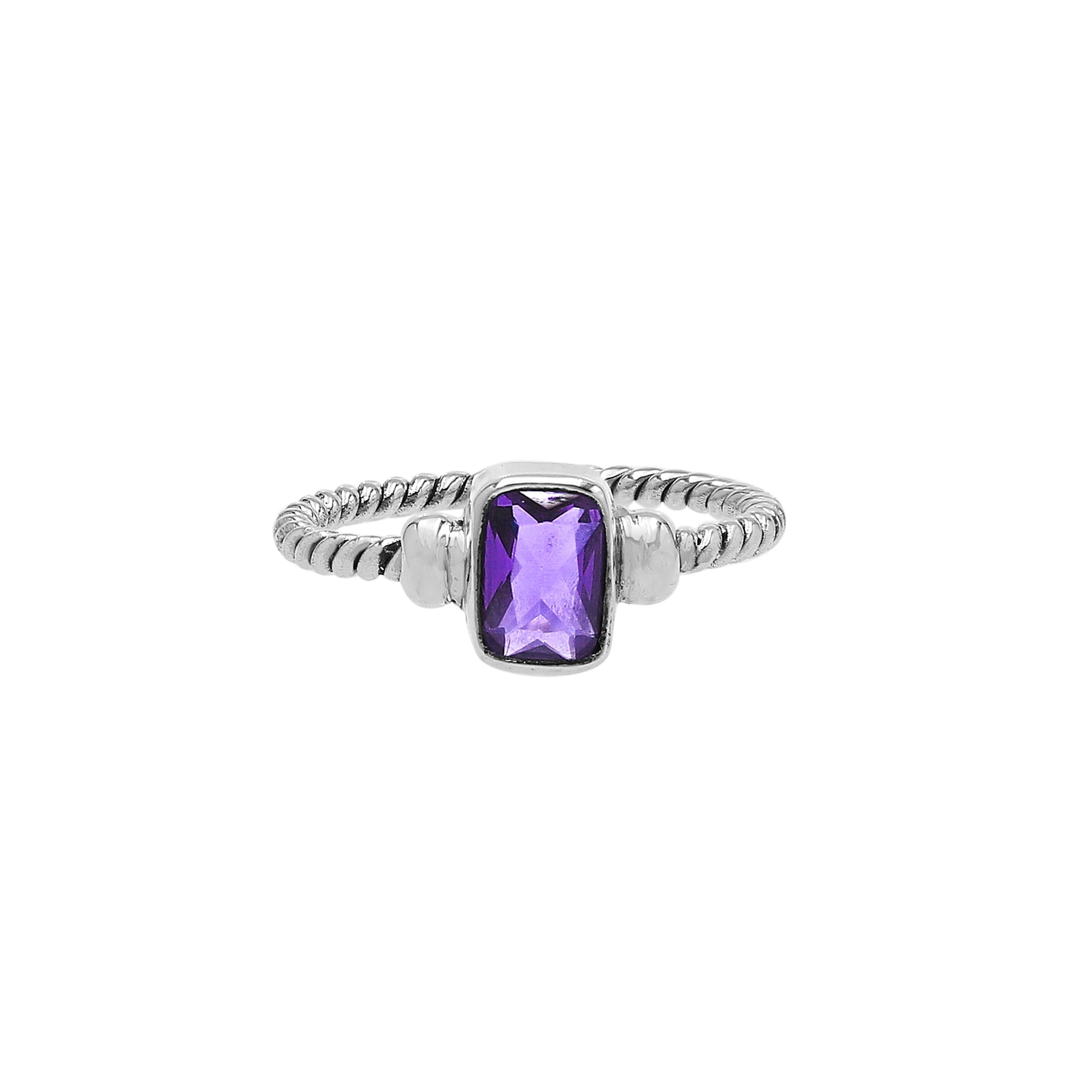 Wholesale sterling silver twisted band ring with rectangular-cut Amethyst Quartz, handcrafted artisan jewelry in bulk for retailers and resellers.