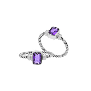 Wholesale sterling silver twisted band ring with rectangular-cut Amethyst Quartz, handcrafted artisan jewelry in bulk for retailers and resellers.