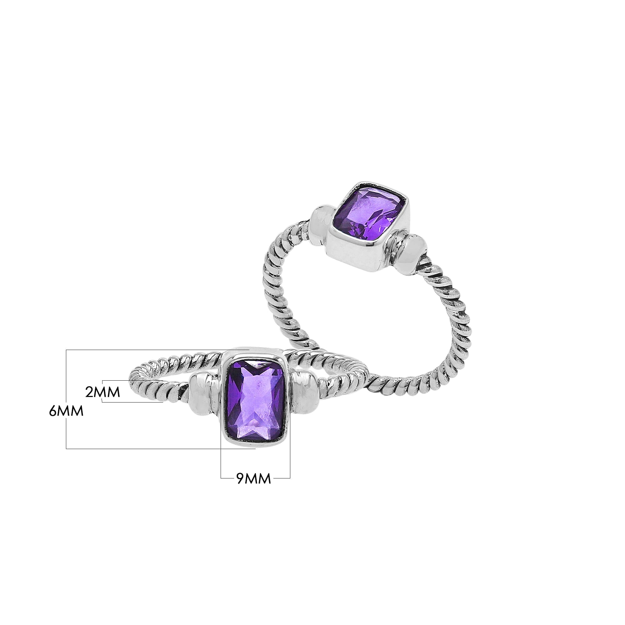 Wholesale sterling silver twisted band ring with rectangular-cut Amethyst Quartz, handcrafted artisan jewelry in bulk for retailers and resellers.