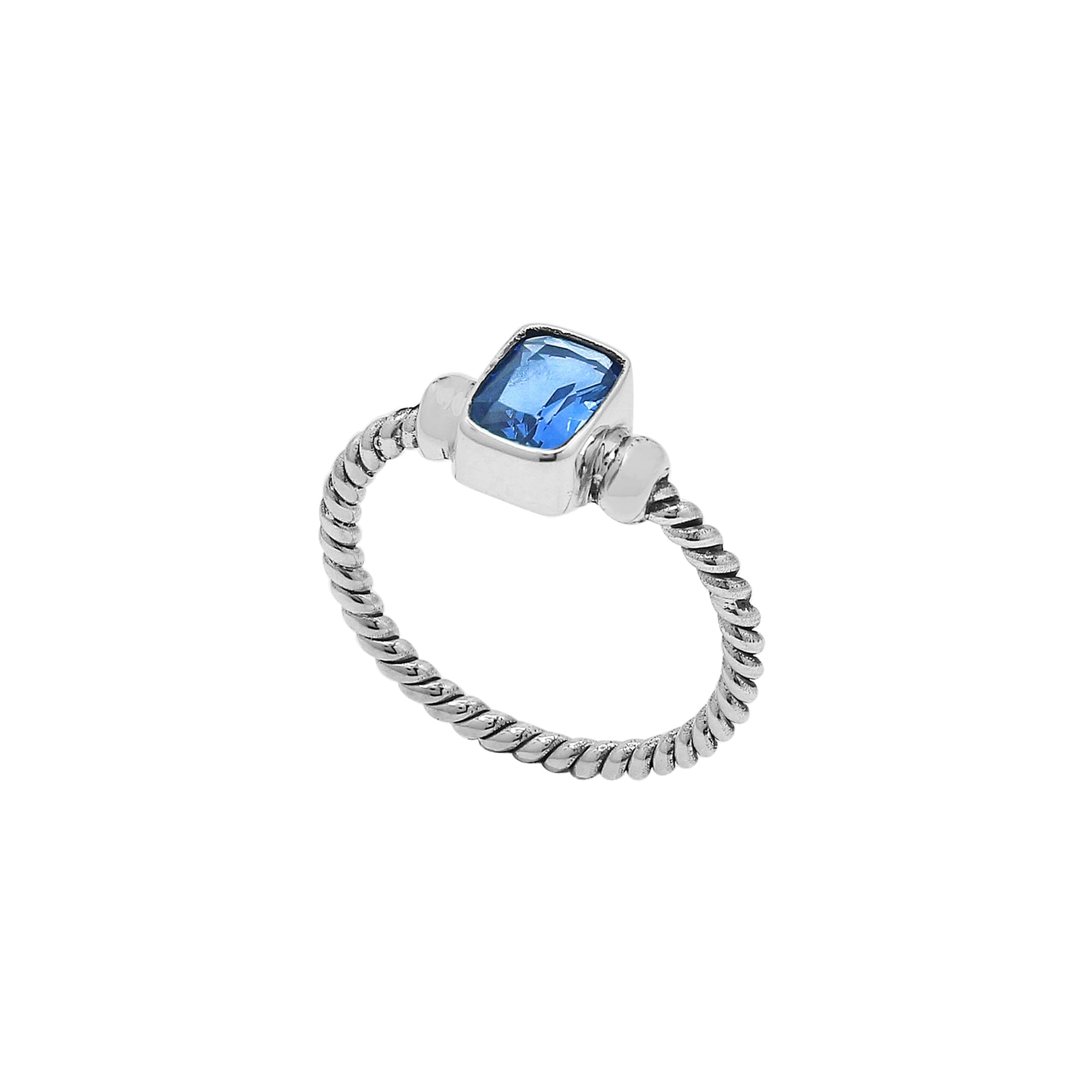 Wholesale sterling silver twisted band ring with rectangular-cut Blue Topaz Quartz, handcrafted artisan jewelry in bulk for retailers and resellers.