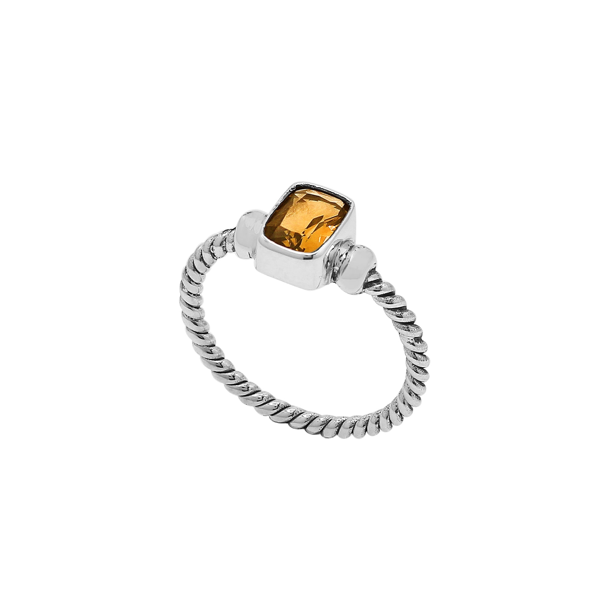 Wholesale sterling silver twisted band ring with rectangular-cut Citrine Quartz, handcrafted artisan jewelry in bulk for retailers and resellers.