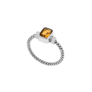 Wholesale sterling silver twisted band ring with rectangular-cut Citrine Quartz, handcrafted artisan jewelry in bulk for retailers and resellers.