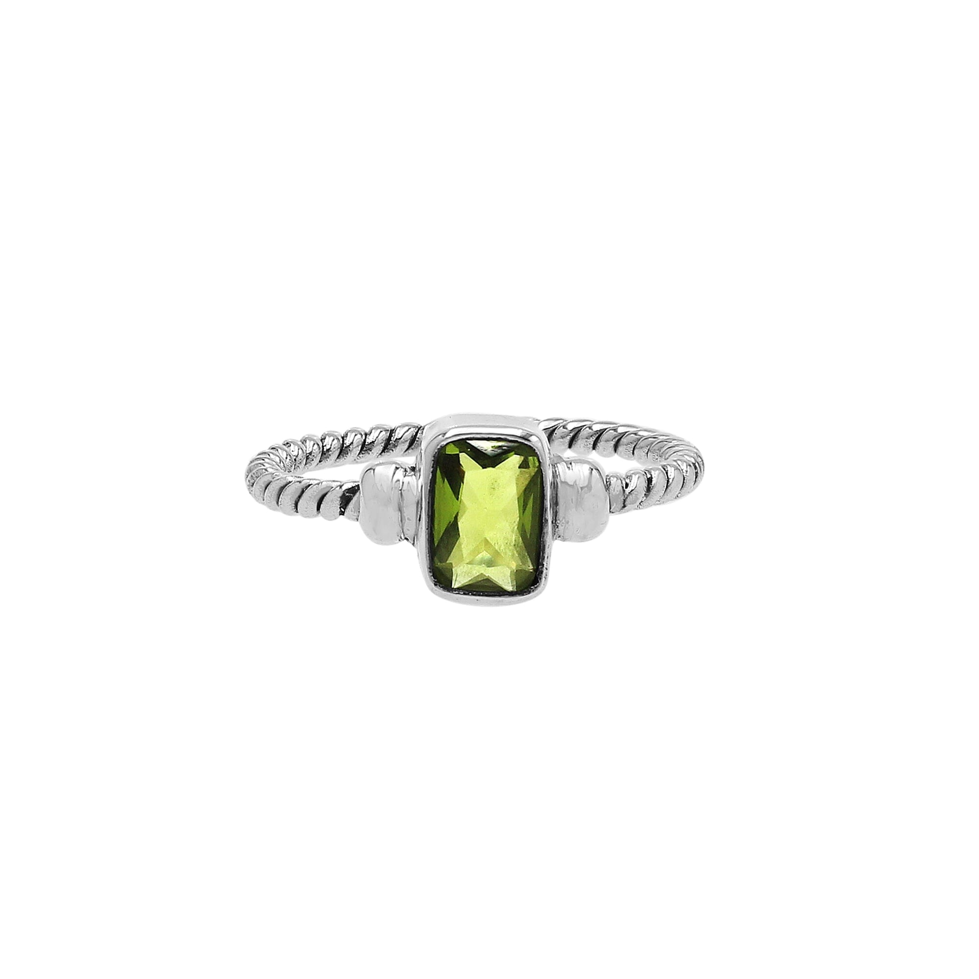 Wholesale sterling silver twisted band ring with rectangular-cut Peridot Quartz, handcrafted artisan jewelry in bulk for retailers and resellers.