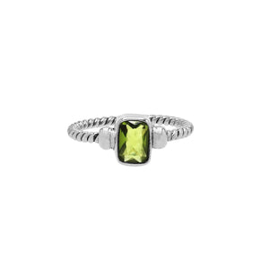 Wholesale sterling silver twisted band ring with rectangular-cut Peridot Quartz, handcrafted artisan jewelry in bulk for retailers and resellers.