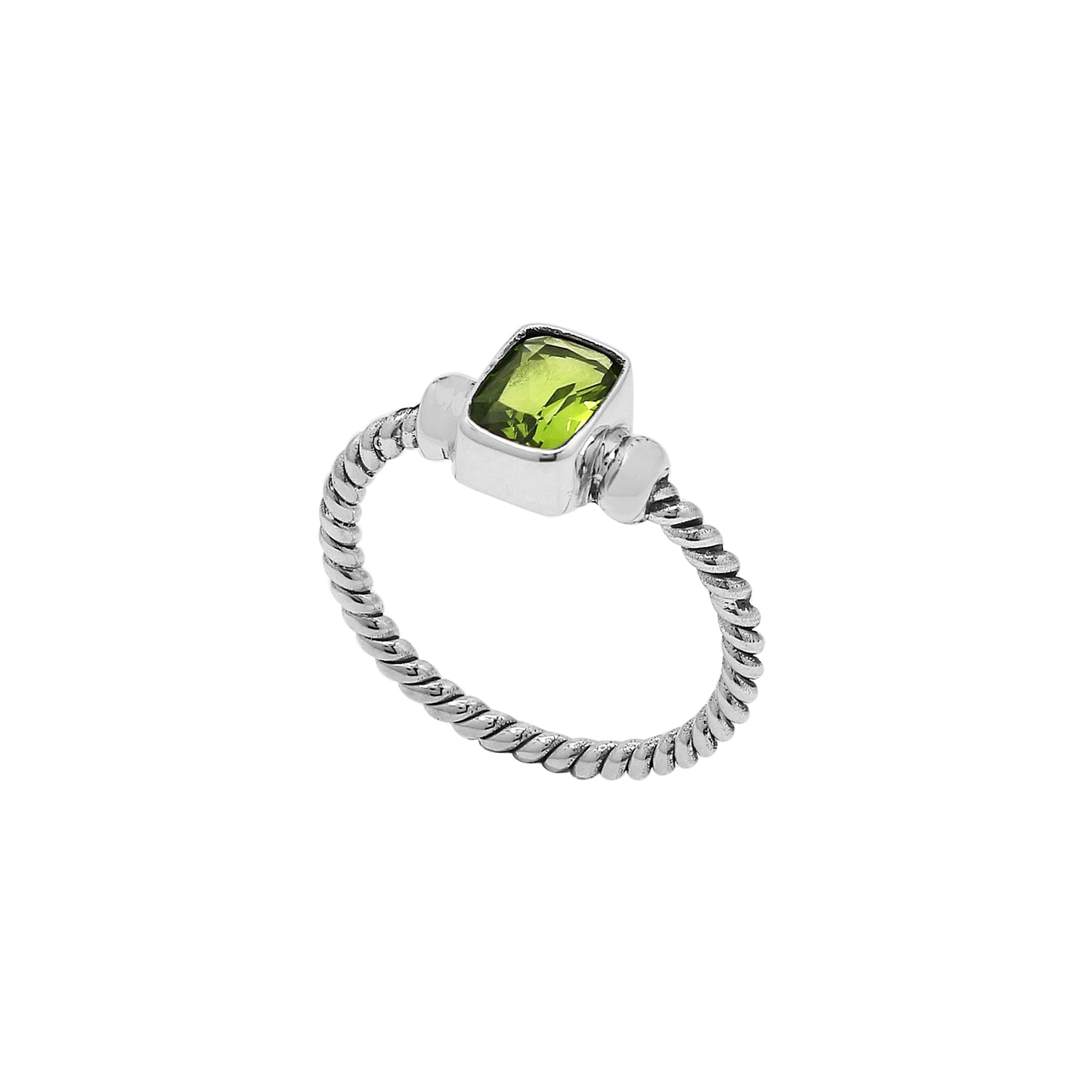 Wholesale sterling silver twisted band ring with rectangular-cut Peridot Quartz, handcrafted artisan jewelry in bulk for retailers and resellers.