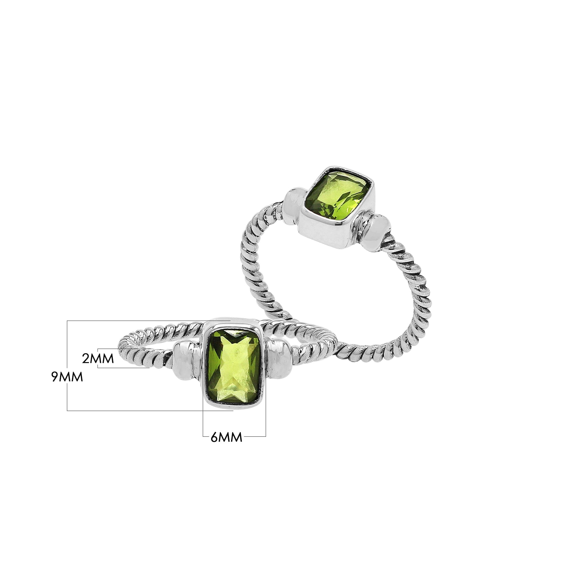 Wholesale sterling silver twisted band ring with rectangular-cut Peridot Quartz, handcrafted artisan jewelry in bulk for retailers and resellers.