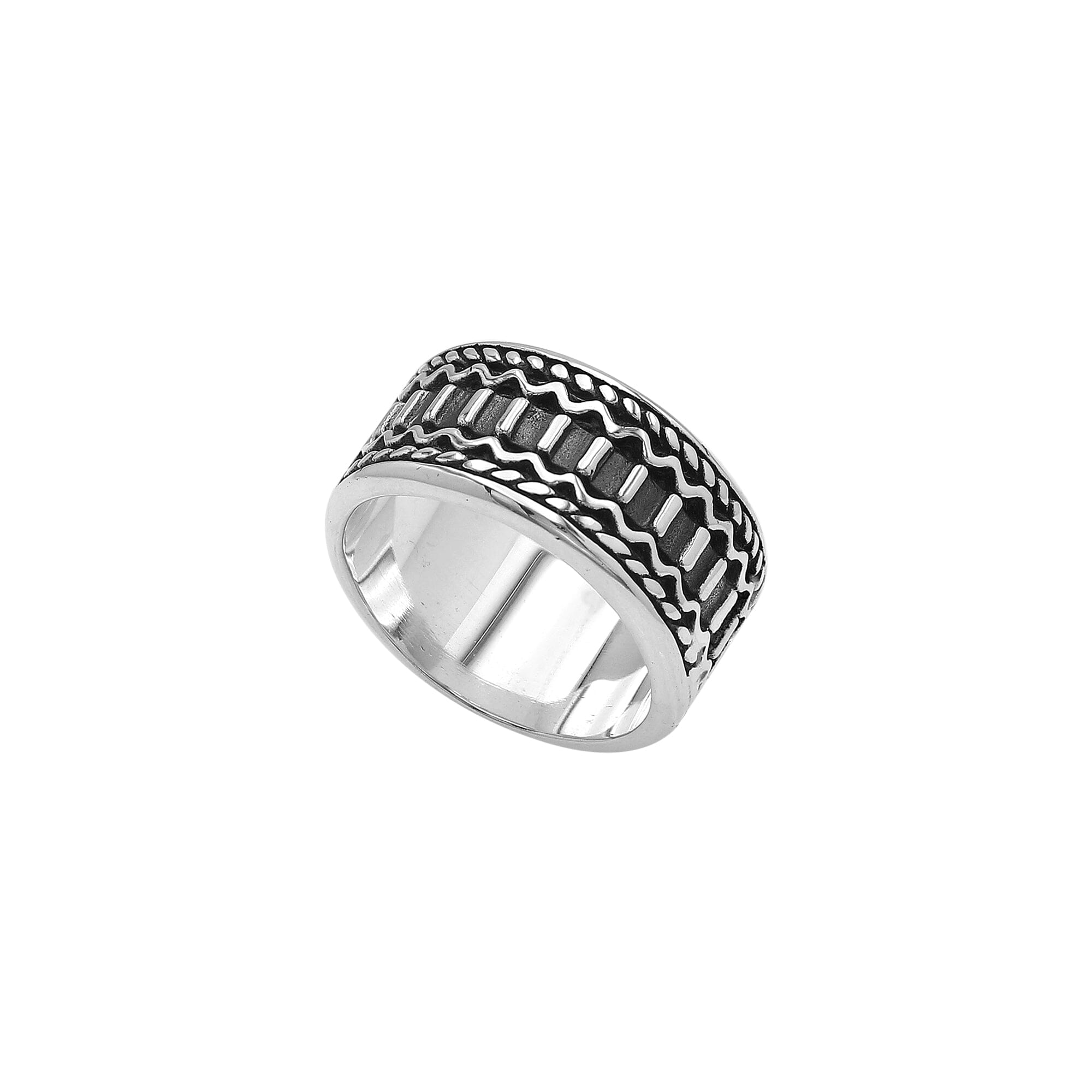 Wholesale sterling silver wide band ring with oxidized Bali-inspired carvings, handcrafted unisex artisan jewelry in bulk for retailers and resellers.