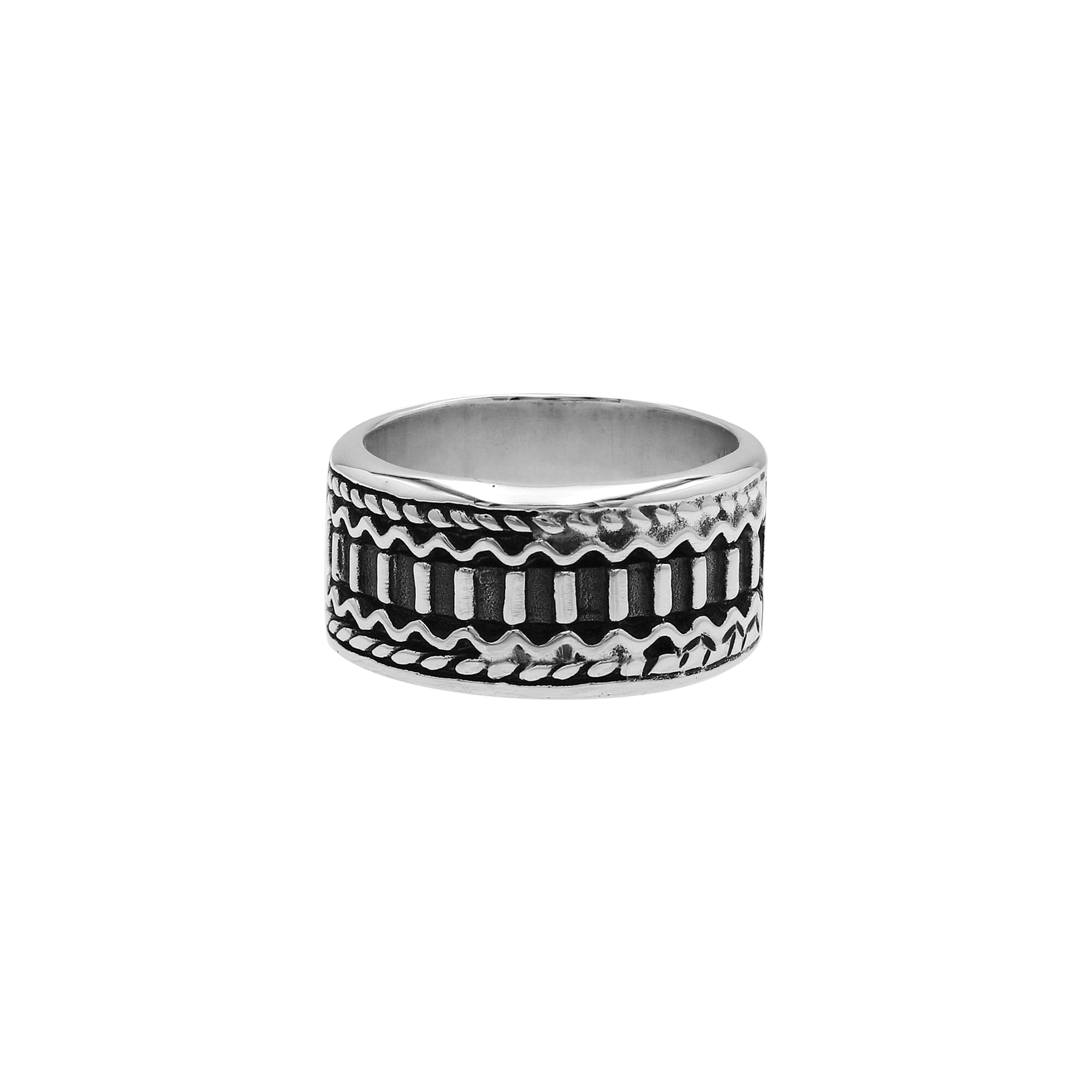Wholesale sterling silver wide band ring with oxidized Bali-inspired carvings, handcrafted unisex artisan jewelry in bulk for retailers and resellers.