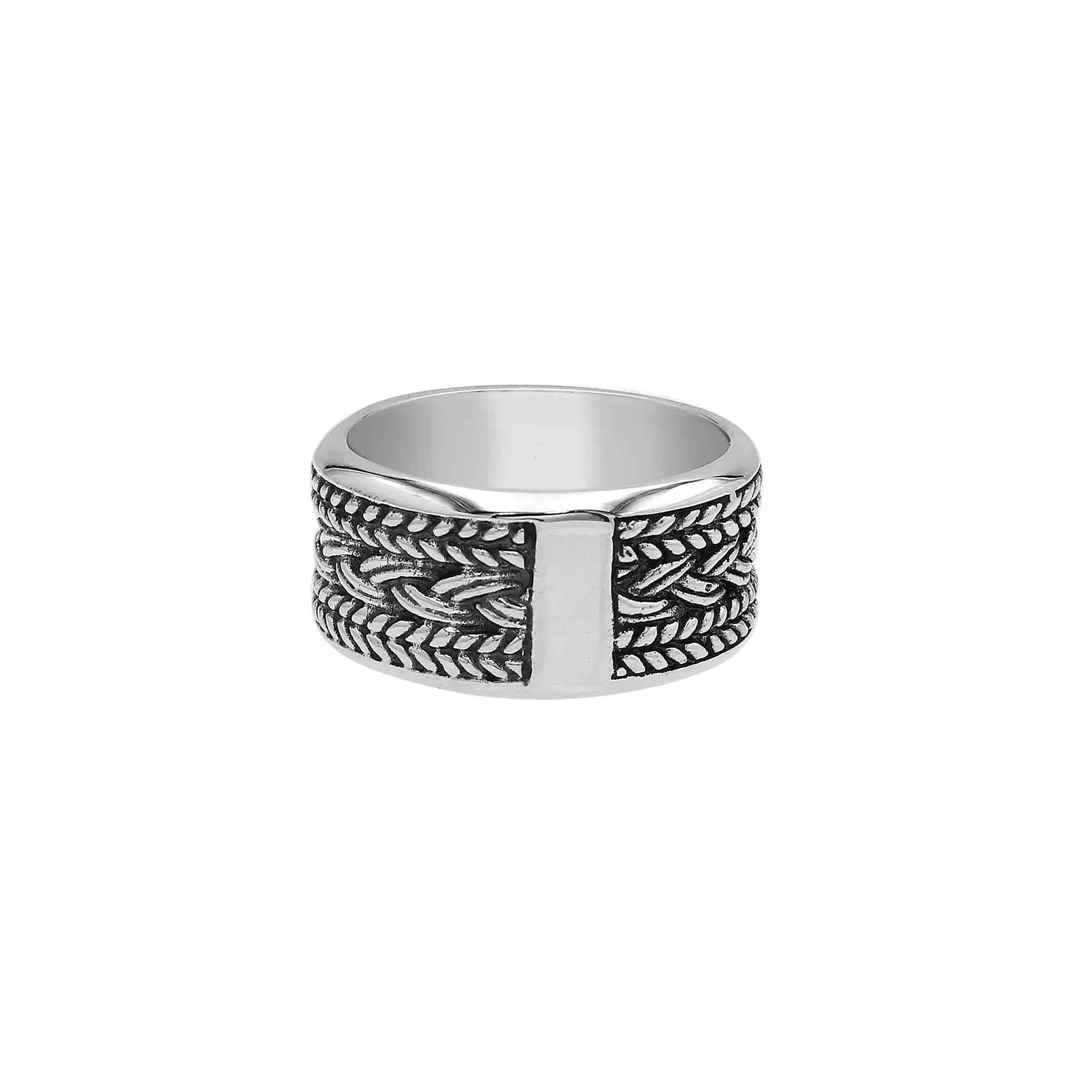 Wholesale sterling silver wide band ring with intricate braided Bali-inspired design and oxidized details, handcrafted unisex artisan jewelry in bulk for retailers and resellers.
