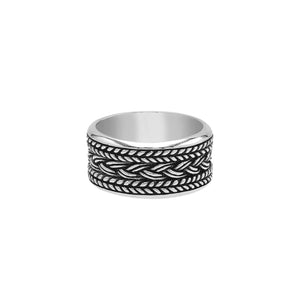 Wholesale sterling silver wide band ring with intricate braided Bali-inspired design and oxidized details, handcrafted unisex artisan jewelry in bulk for retailers and resellers.